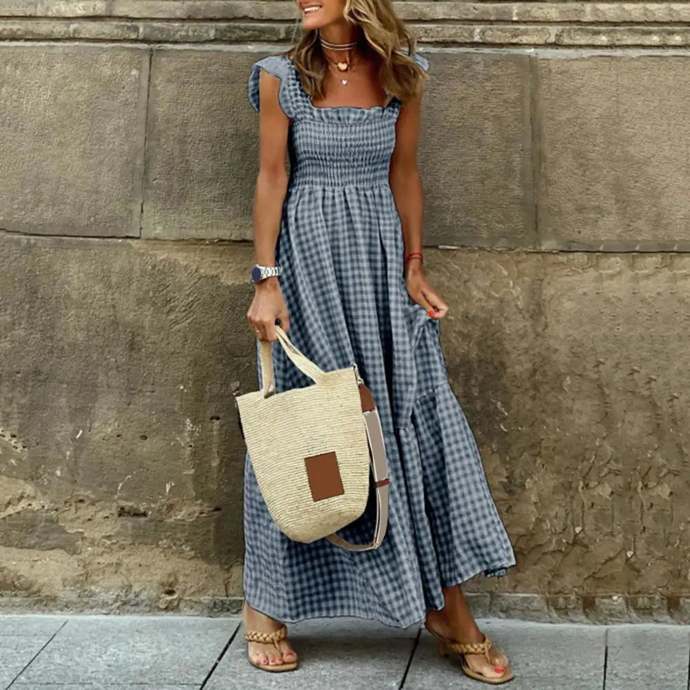2025 Square Collar Sleeveless Women Dress Elastic Chest Wrap Ruffle Large Hem Women Plaid Print Sling Maxi Dress Summer Sundress