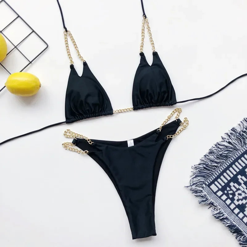 Sexy Micro Bikini 2025 Solid Black Push Up Bra Chain Metal Strap Swimsuit Brazilian Beach Bathing Suit Thong Swimwear Biquini