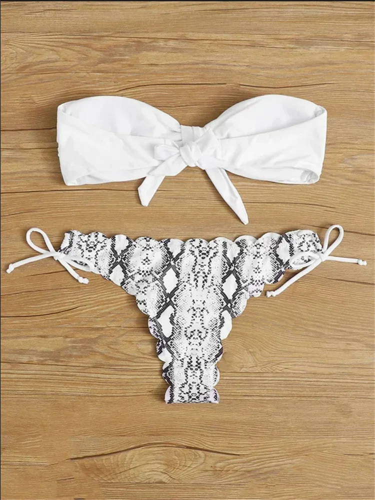 Beach Bikini 2024 Woman Sexy Front Lace Up Tie Bandeau Leopard Swimsuit Female Push Up Ruffled Bow Bathing Suit Thong Swimwear