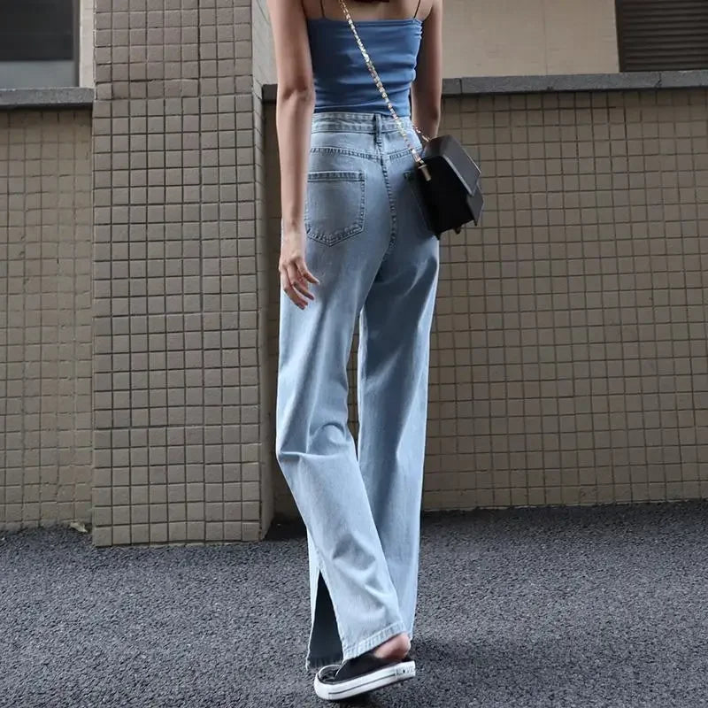 Con spacchi, jeans da donna, pantaloni in denim a gamba larga per le donne, pantaloni alla moda eleganti 2025, pantaloni larghi e lucidi più venduti in Corea del Sud.