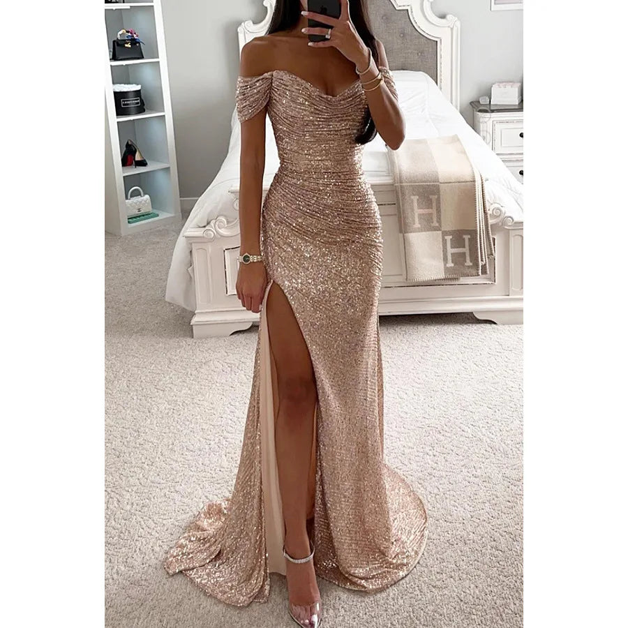 BWQ Women Off Shoulder Prom Dresses Elegant Sequin Solid Evening Party Dresses Ladies Wrap Split Sequined Maxi Formal Dress
