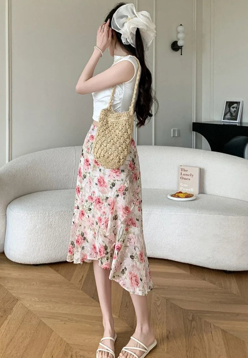 Blue Woman Skirt Floral Midi Ruffle Chiffon A Line Y2k Vintage Chic and Elegant Aesthetic Streetwear 2025 Trend Skirts for Women