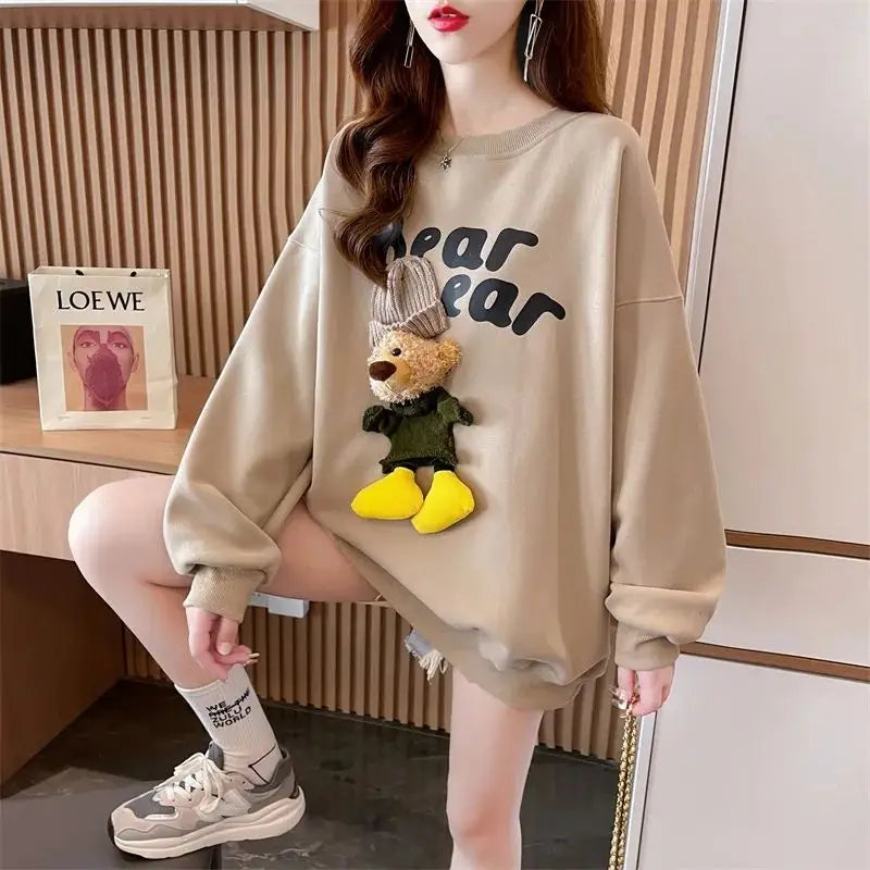 Women's Clothing Trendy Funny Cute 3D Cartoon Bear Streetwear Y2K Sweatshirt Korean O Neck Long Sleeve Oversize Pullover Hoodies