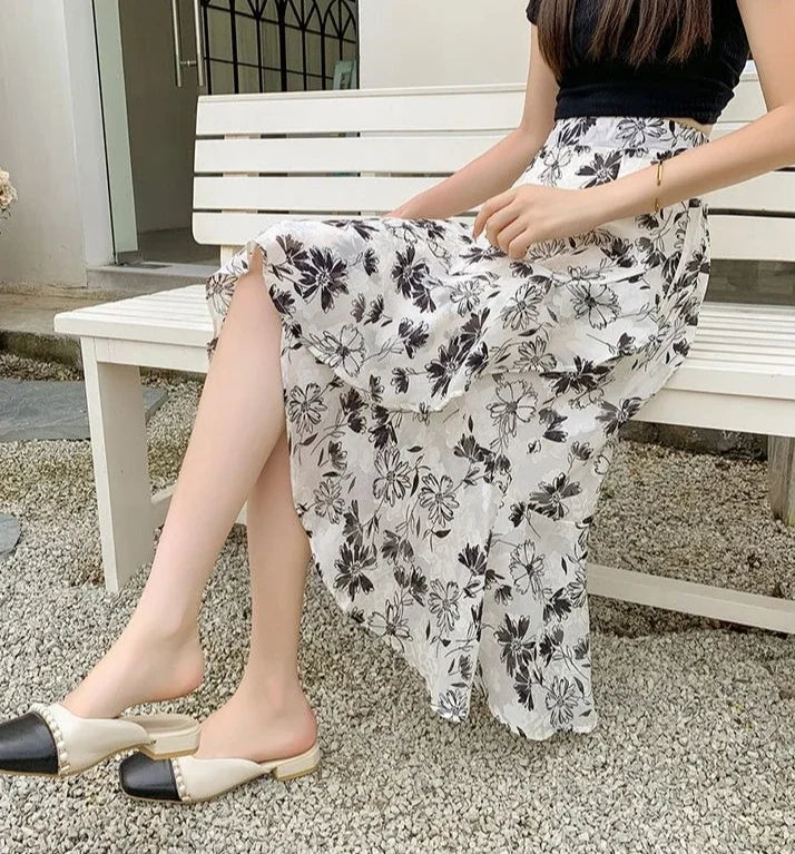 Blue Woman Skirt Floral Midi Ruffle Chiffon A Line Y2k Vintage Chic and Elegant Aesthetic Streetwear 2025 Trend Skirts for Women