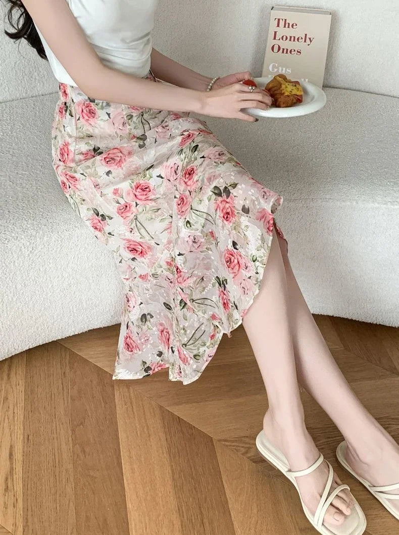Blue Woman Skirt Floral Midi Ruffle Chiffon A Line Y2k Vintage Chic and Elegant Aesthetic Streetwear 2025 Trend Skirts for Women