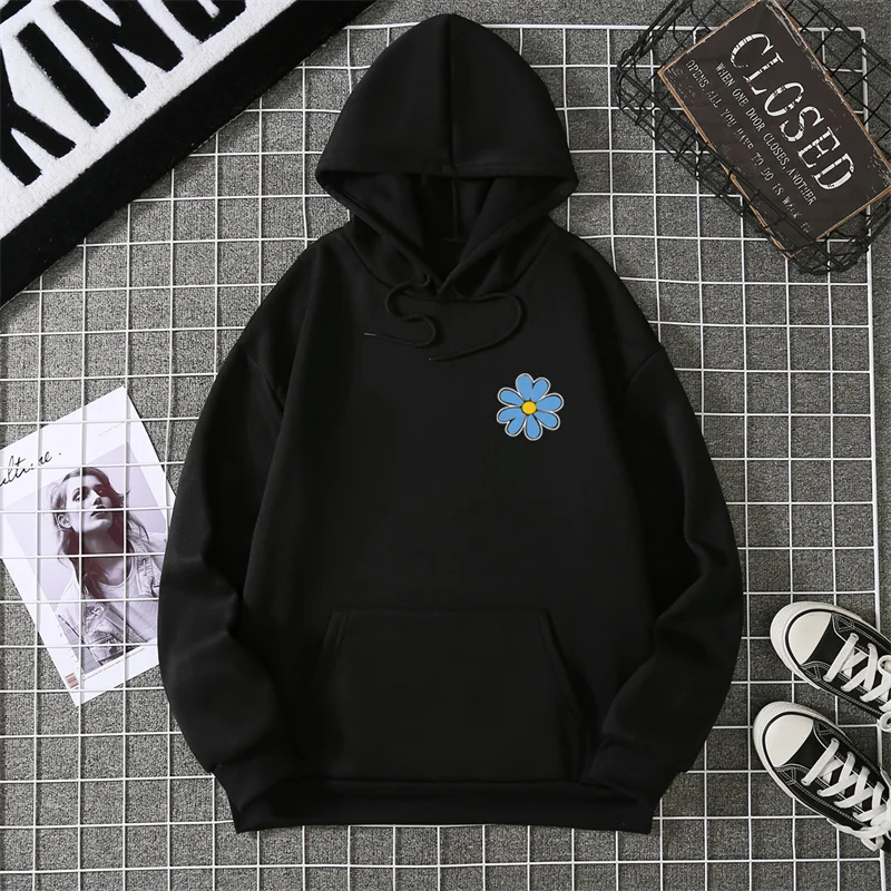 KoreaLuxury Brand Unisex Streetwear Tops Chrysanthemum Graphic Winter Autumn Womens Hoodie Street Hip-hop Leisure Loose Pullover