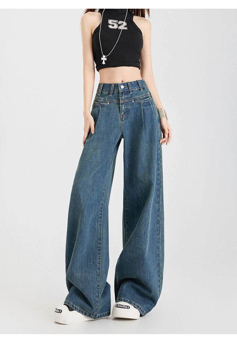 Woman Jeans High Waist Wide Leg Cotton Denim Clothing Design Sense Straight Pant Fashion Comfort White Retro Blue Casual Trouser