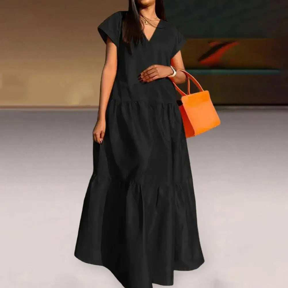 women sundress Loose V-neck Patchwork Short Sleeves Solid Color Beach Dress Summer Women Dress Elegant Large Hem Maxi Dress