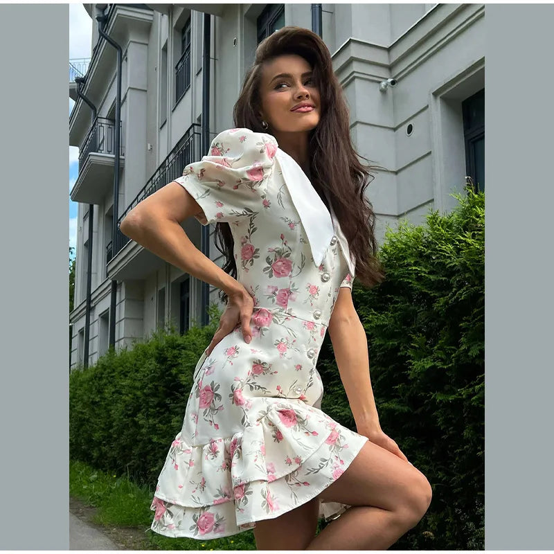 Sweet Floral Printed Ruffle Hem Dress Chic A-line Lapel Puff Sleeve Dresses For Women 2025 Summer Lady Holiday Street Gowns New