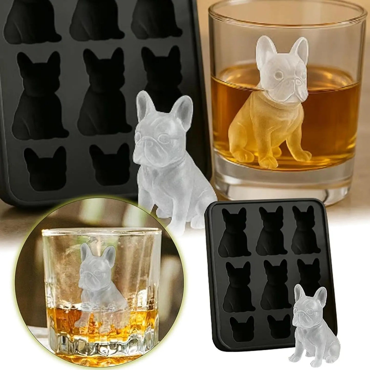 Whiskey Ice Mold Silicone Novelty French Bulldog Ice Mold 9-Grids Easy Release Food-Grade Drink Iceblock Maker Reusable Whiskey