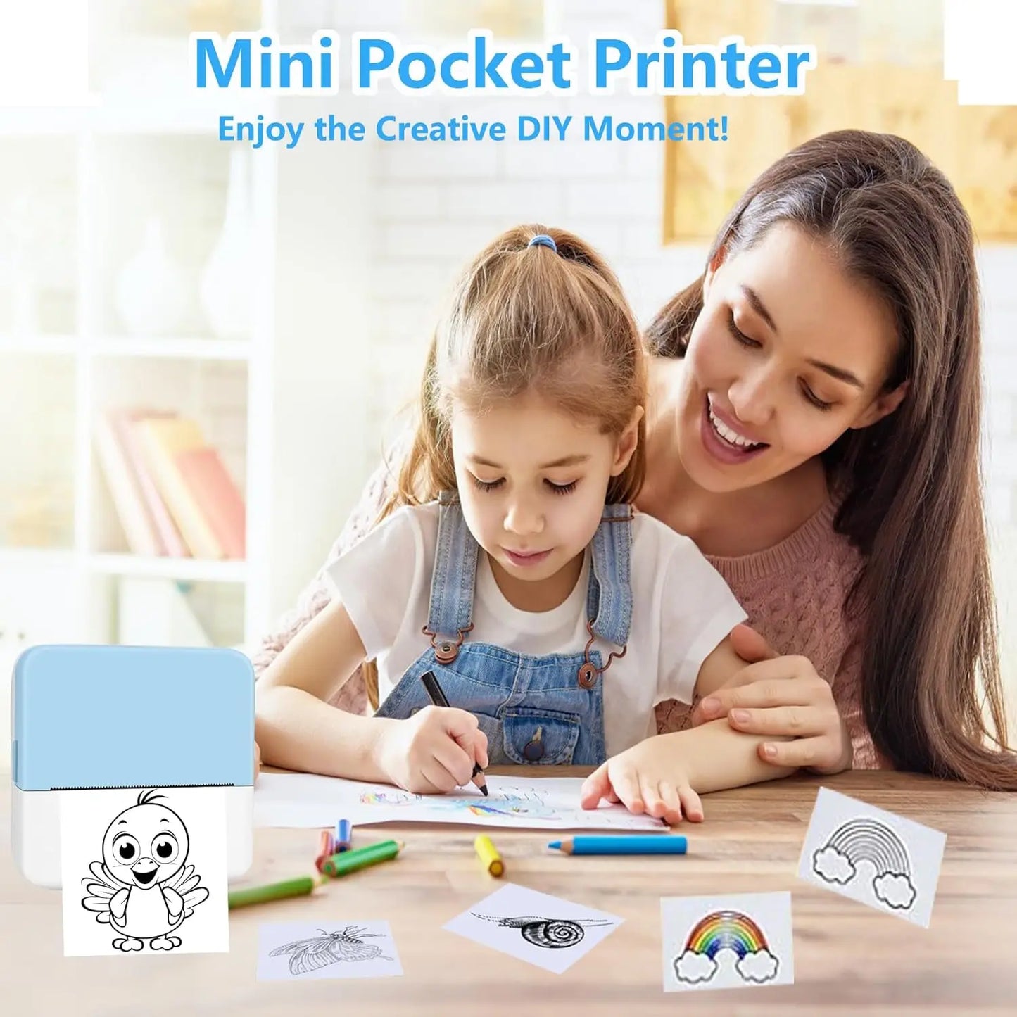 Mini Portabl Printer Inkless Sticker Maker, Free Cut Small Pocket Printer, Portable Thermal Printer for Photo Journal Notes Memo