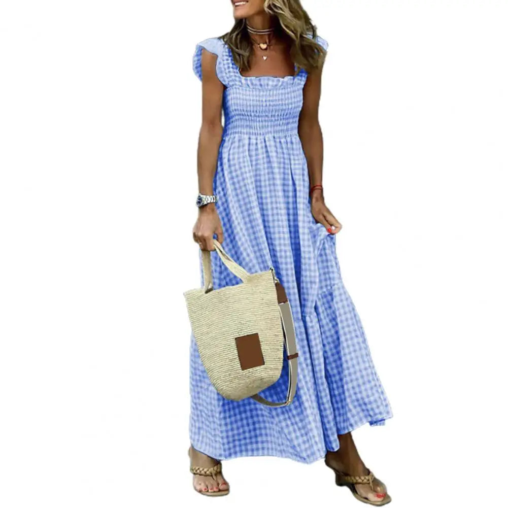2025 Square Collar Sleeveless Women Dress Elastic Chest Wrap Ruffle Large Hem Women Plaid Print Sling Maxi Dress Summer Sundress