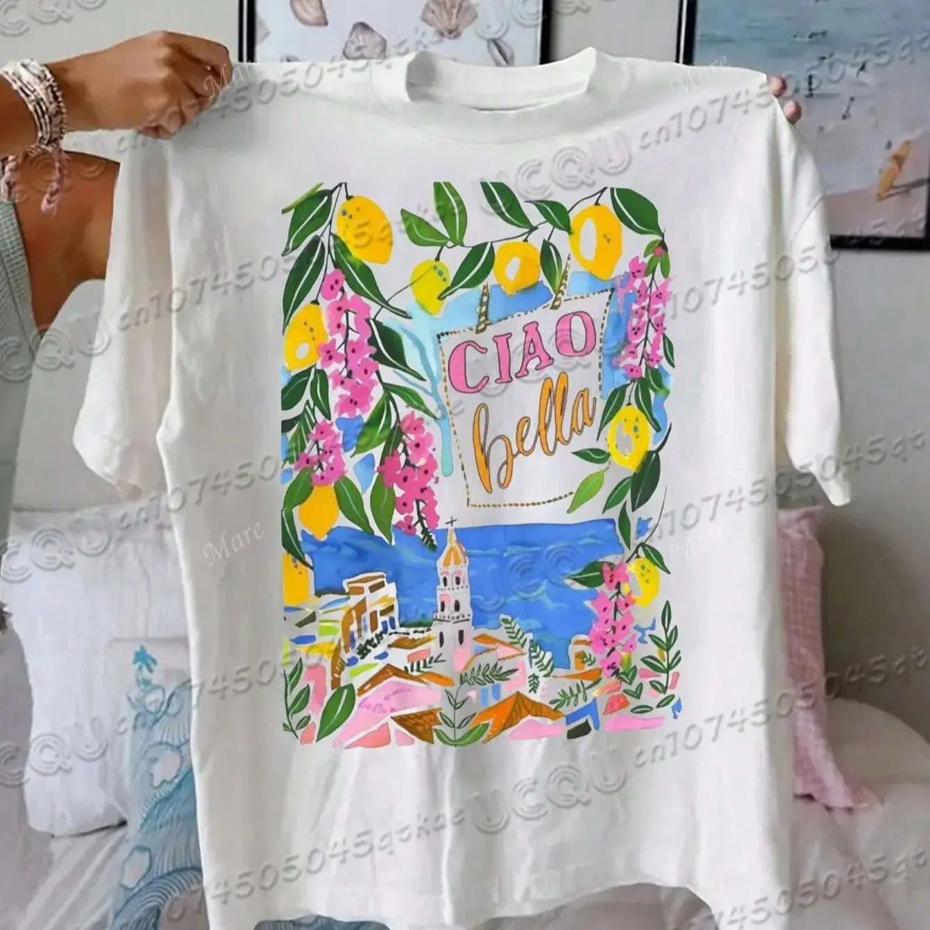 Italian Style Cotton T-Shirt With Fruit&Plant Print Short Sleeved O-Neck Loose&Breathable Casual Vacation Tee Women'S Summer Top