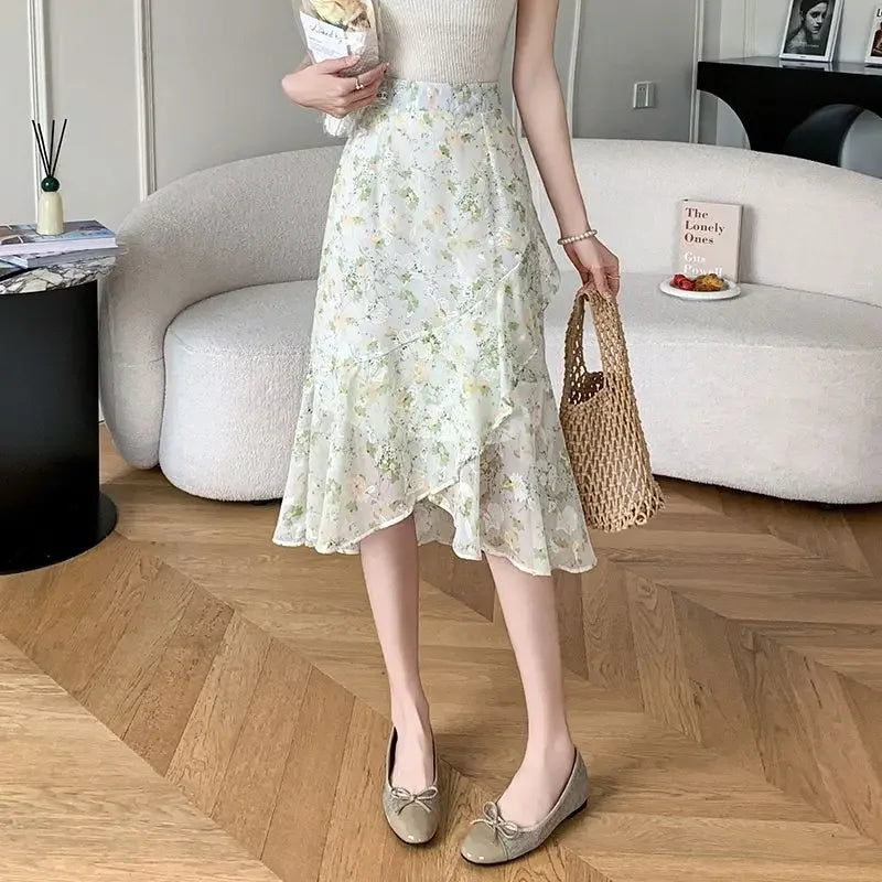 Blue Woman Skirt Floral Midi Ruffle Chiffon A Line Y2k Vintage Chic and Elegant Aesthetic Streetwear 2025 Trend Skirts for Women