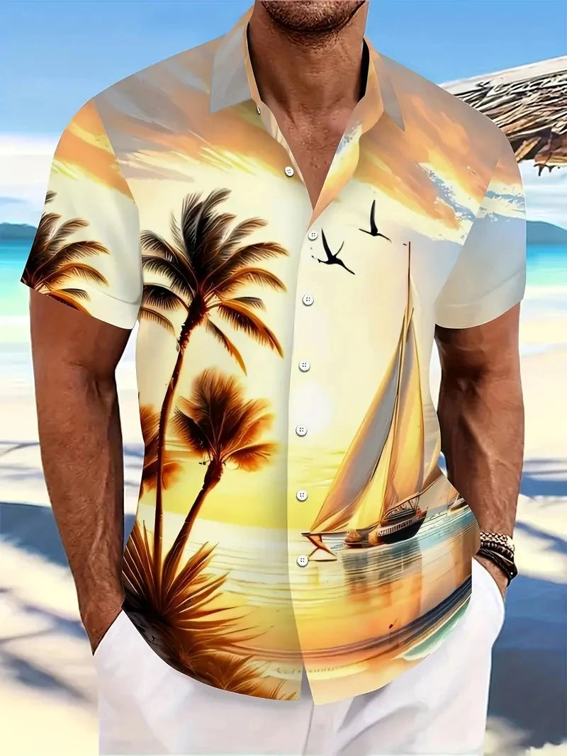 Beach Men's Lapel Shirt Summer Short Sleeve Outdoor Everyday Shirt Tops Landscape Printed Pattern OverSize Loose Men Clothing