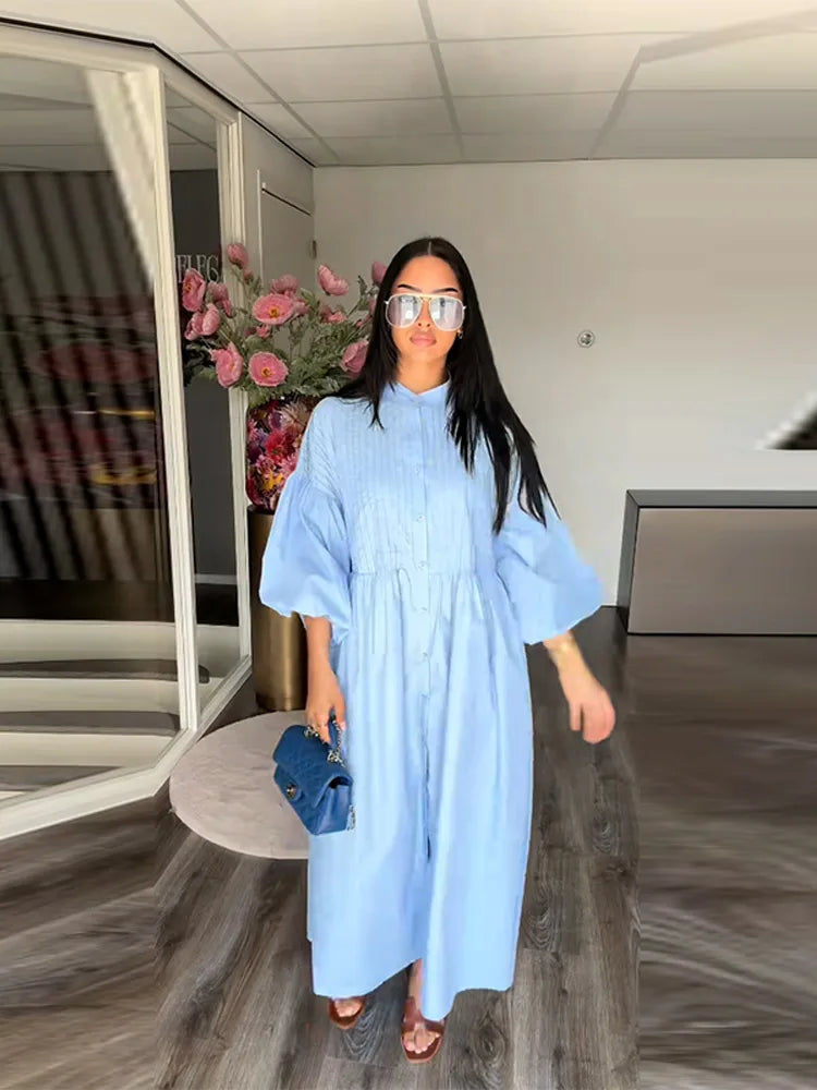 Casual Long Dress Women Loose O Neck Single Breasted Long Sleeves High Waist Robe Female 2025 Summer Fashion Solid Dresses Lady