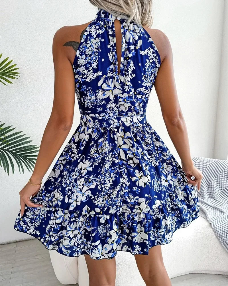 Spring Summer Floral Halter Neck Short Dresses Holiday Beach Sundress Casual Halter Short Dresses Clothes Women