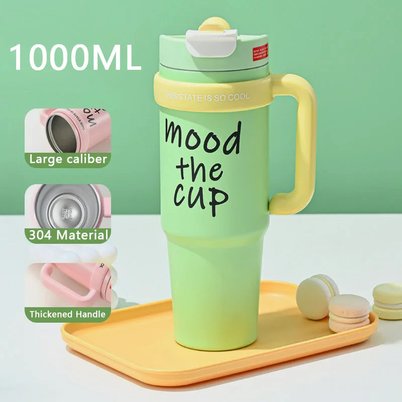 1000ML Thermal Water Bottle 32oz Large Capacity With Straw Stainless Steel Thermos Bottle Cold and Hot Thermos Cup