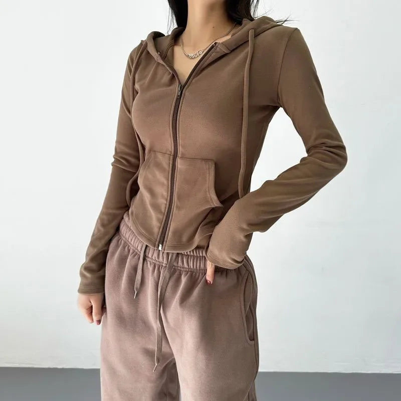 SMVP Streetwear Hooded Pockets Sweatshirt Women Casual Solid Sports Long Sleeve Hoodies Woman Autumn Slim Zipper Cropped Coat