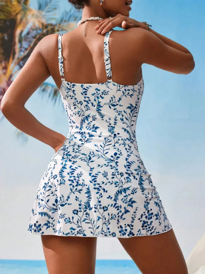 One Piece Women's Swimsuit with Skirt 2025 New Woman Sexy Floral Print Swimwear Beach Bathing Suit for Ladies