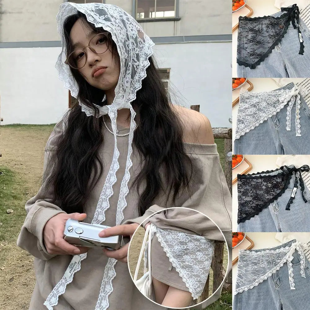 Y2K Stacked Lace Half Skirt Women Lace Tulle Bandage Skirt Layering Small Butt Curtain Short Skirt Flower Triangle Hair Scarf