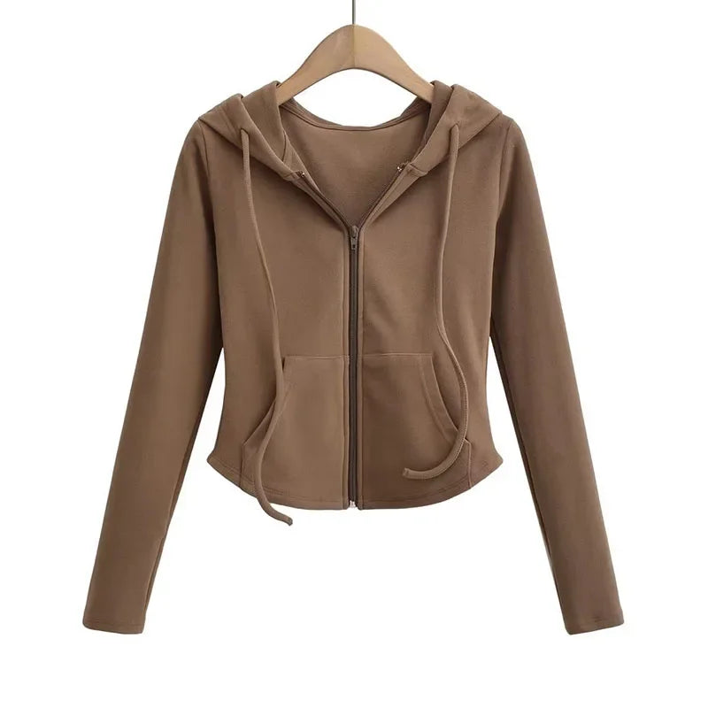 SMVP Streetwear Hooded Pockets Sweatshirt Women Casual Solid Sports Long Sleeve Hoodies Woman Autumn Slim Zipper Cropped Coat