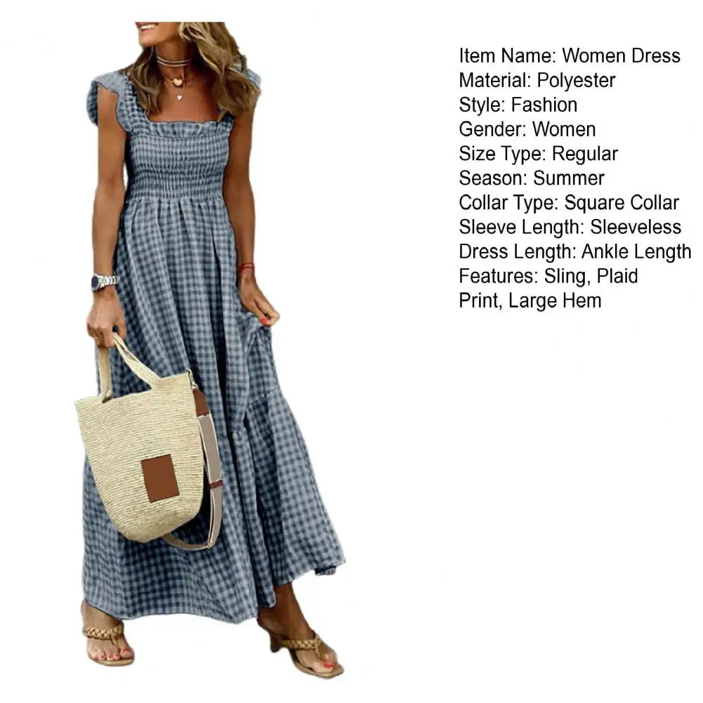 2025 Square Collar Sleeveless Women Dress Elastic Chest Wrap Ruffle Large Hem Women Plaid Print Sling Maxi Dress Summer Sundress