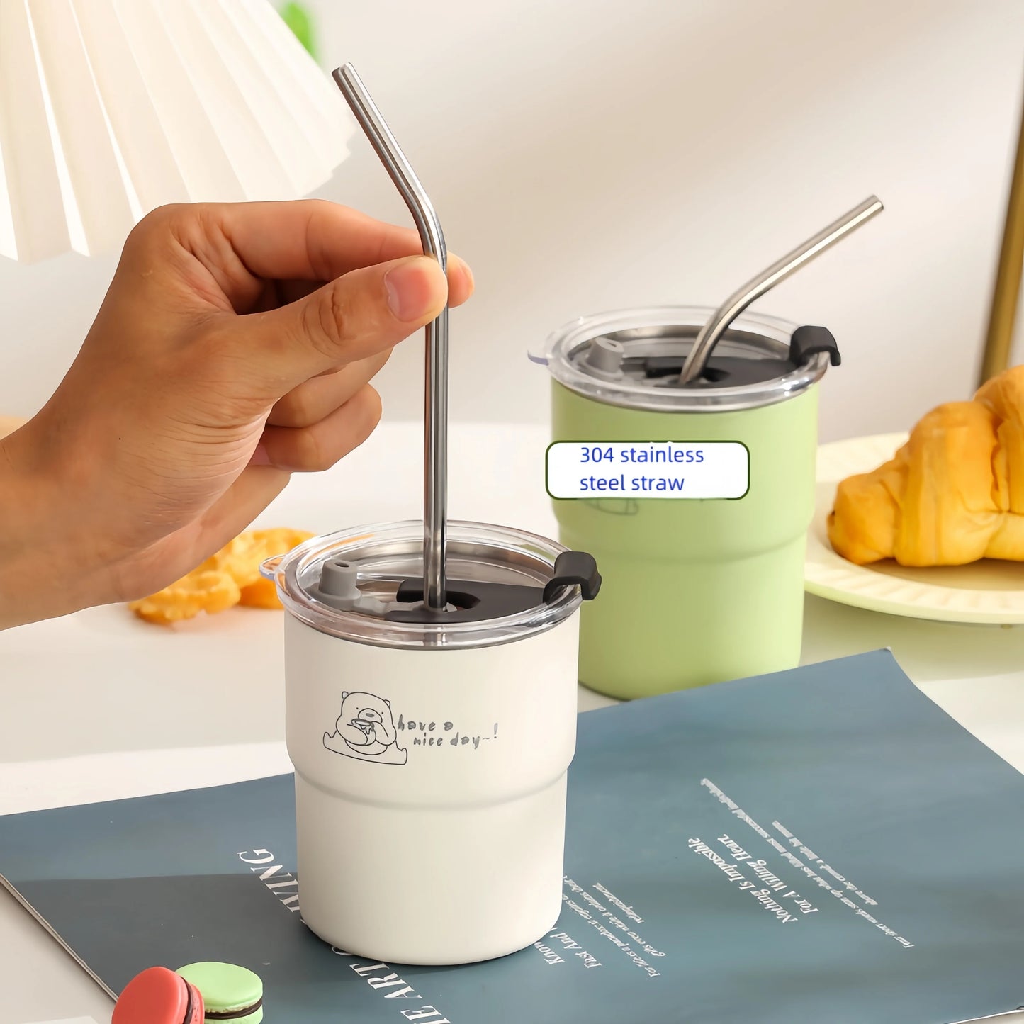 10-Ounce Coffee Cup Set with Straw And Lid Stainless Steel 304 Portable Outdoor Mug Office Removable Inner Cup Home Water Mug