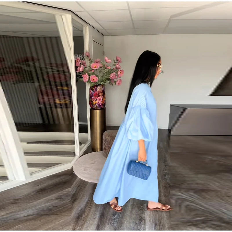 Casual Long Dress Women Loose O Neck Single Breasted Long Sleeves High Waist Robe Female 2025 Summer Fashion Solid Dresses Lady