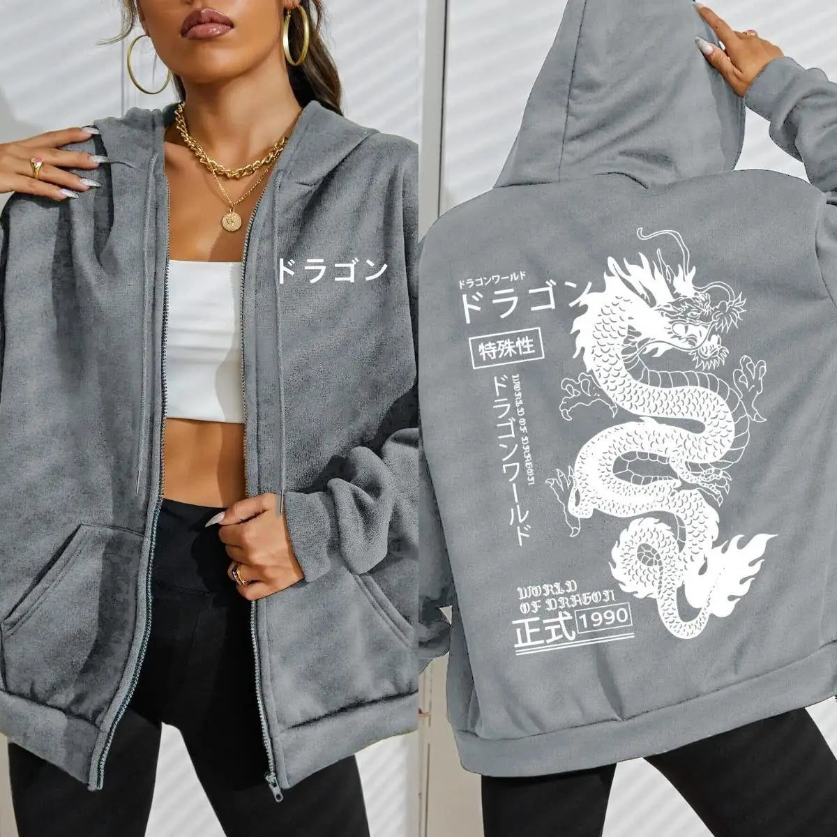 World Of Dragon Special 1990 Pattern Women Zipper Hoodie Trendy Fleece Hoody Casual Autumn Sportswear Retro Loose Streetwear