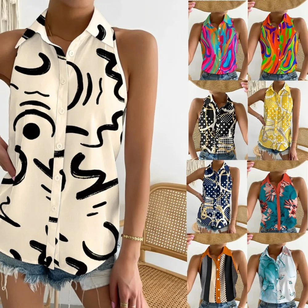 Global AliExpress Europe and America cross-border summer casual fashion one-shoulder sleeveless abstract print women's shirt