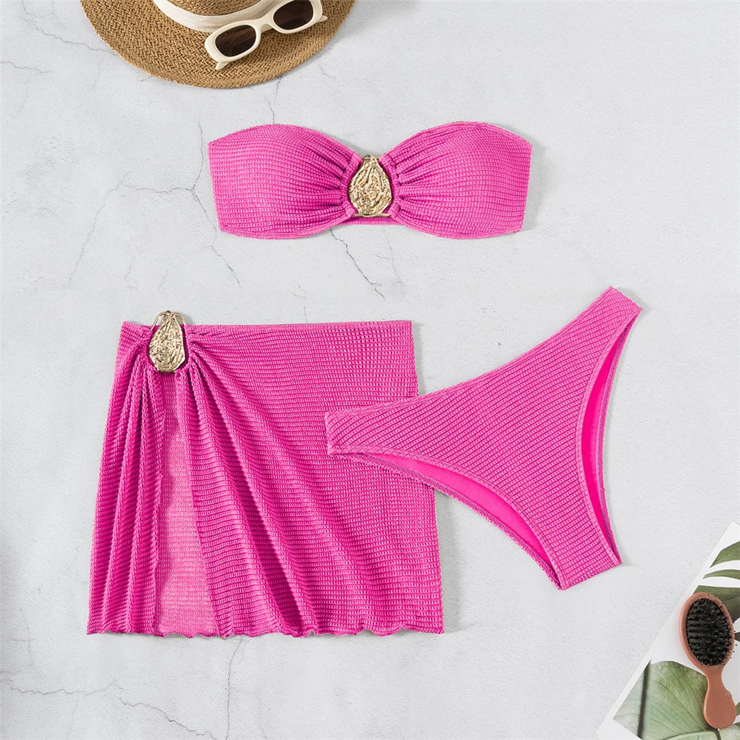 5 Colors With Skirt Bandeau Bikini Female Swimsuit Women Swimwear Three-pieces Bikini set Padded Bather Bathing Suit Swim V6624