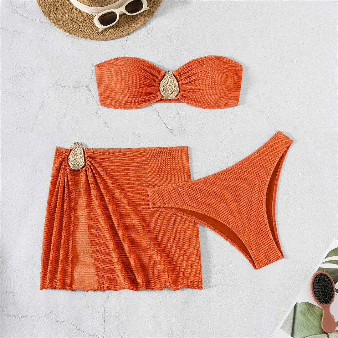 5 Colors With Skirt Bandeau Bikini Female Swimsuit Women Swimwear Three-pieces Bikini set Padded Bather Bathing Suit Swim V6624