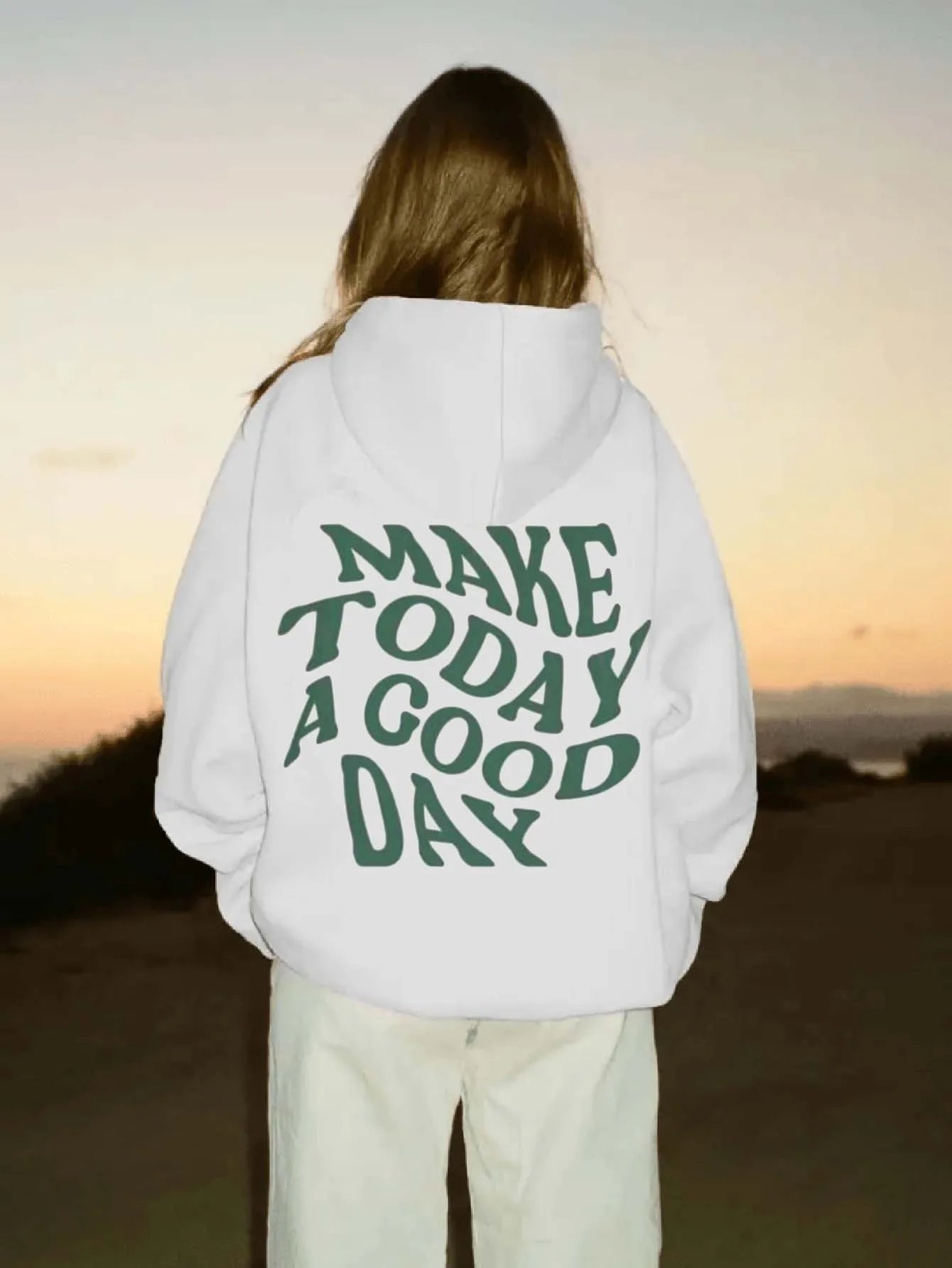 Make Today A Good Day Letter Printed Hoodie for Autumn and Winter Women Round Neck Top Long Sleeved Pullover Casual Clothing