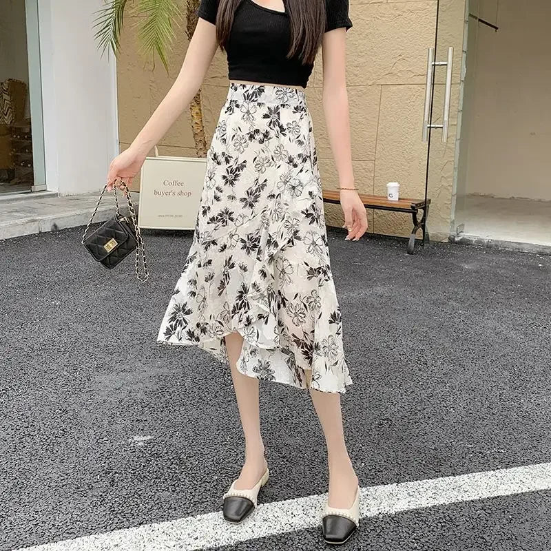 Blue Woman Skirt Floral Midi Ruffle Chiffon A Line Y2k Vintage Chic and Elegant Aesthetic Streetwear 2025 Trend Skirts for Women