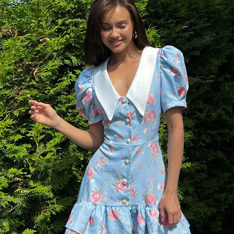 Sweet Floral Printed Ruffle Hem Dress Chic A-line Lapel Puff Sleeve Dresses For Women 2025 Summer Lady Holiday Street Gowns New