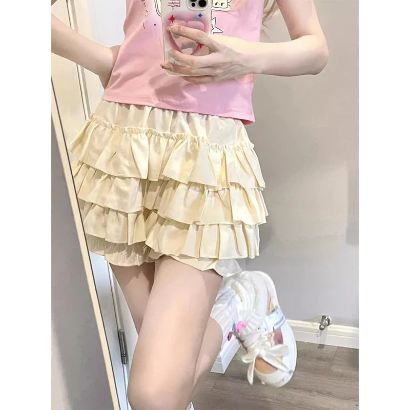 MEXZT Y2K Sweet Ruffles Mini Skirt Women Kawaii Lolita Bow A Line Skirts Harajuku Japanese High Waist Pink White Ball Gown Skirt