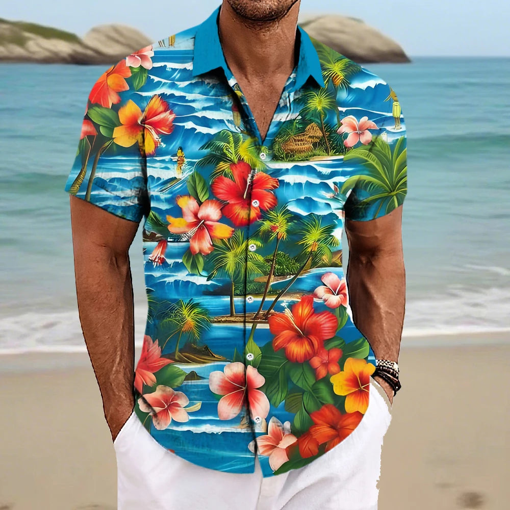 Beach Men's Lapel Shirt Summer Short Sleeve Outdoor Everyday Shirt Tops Landscape Printed Pattern OverSize Loose Men Clothing