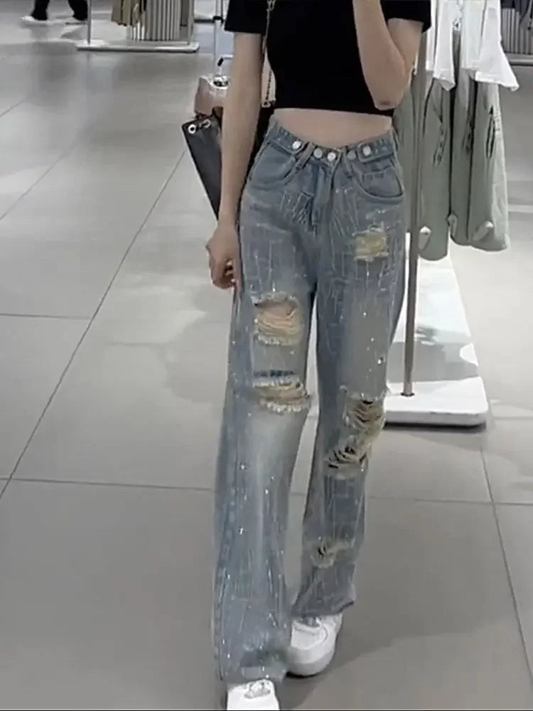Pantaloni in denim da donna con strass, jeans da donna, gamba dritta, aderenti, larghi, tendenza 2025, economici, grunge, Y2K, pantaloni elasticizzati anni '90