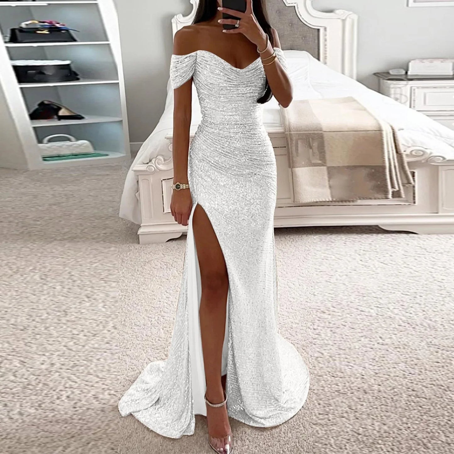 BWQ Women Off Shoulder Prom Dresses Elegant Sequin Solid Evening Party Dresses Ladies Wrap Split Sequined Maxi Formal Dress