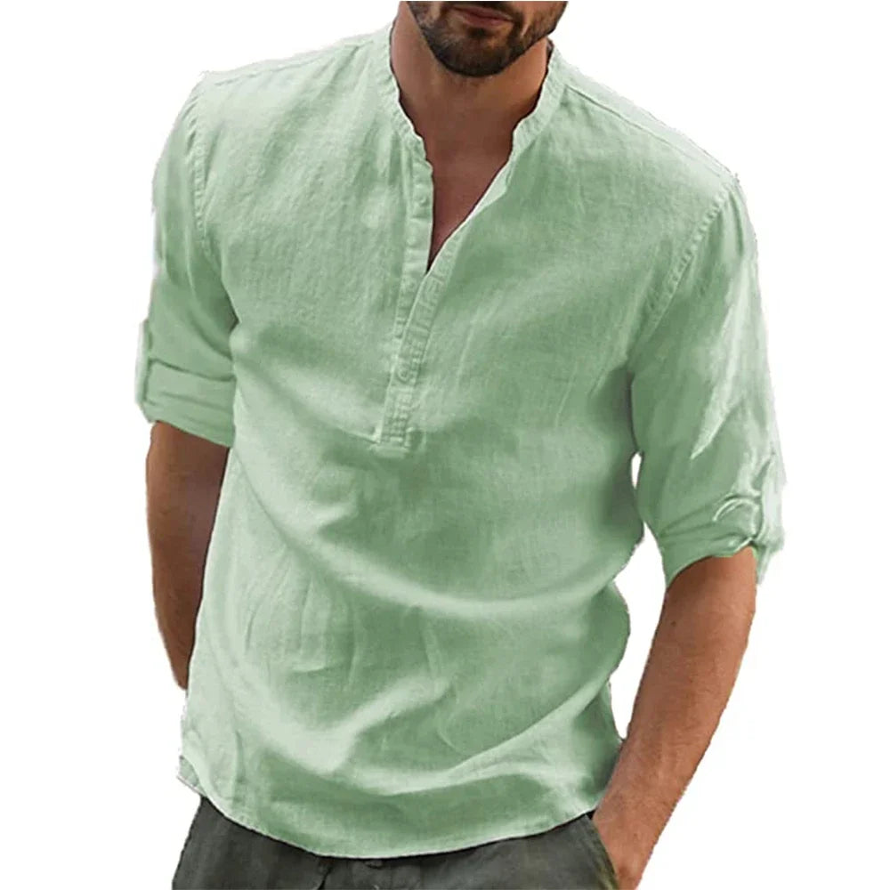 Cotton Linen Hot Sale Men's Long-Sleeved Shirts Summer Solid Color Stand-Up Collar Casual Beach Style Plus Size Linen Man Tops
