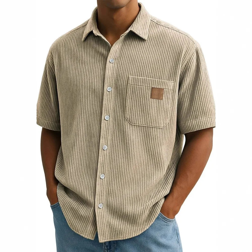 Men's Summer Shirts Elegant Shirt Luxury Clothes Man Retro Corduroy Short Sleeve Shirt Casual Fashion Logo Patch 2025
