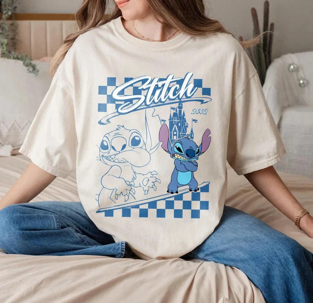 Disney Stitch Cartoon Pattern Printed Cotton Short Sleeve T-shirt Summer Women's Travel Family Party Tee Versatile Commuter Top