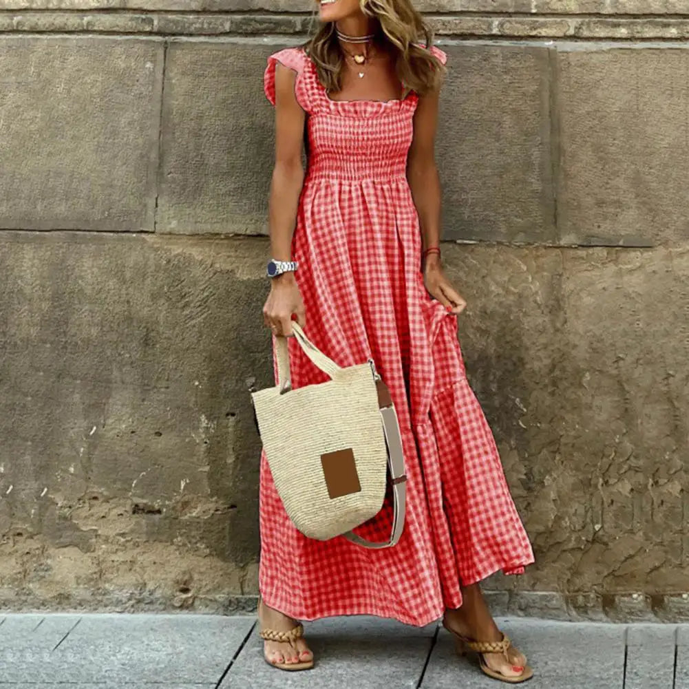 2025 Square Collar Sleeveless Women Dress Elastic Chest Wrap Ruffle Large Hem Women Plaid Print Sling Maxi Dress Summer Sundress