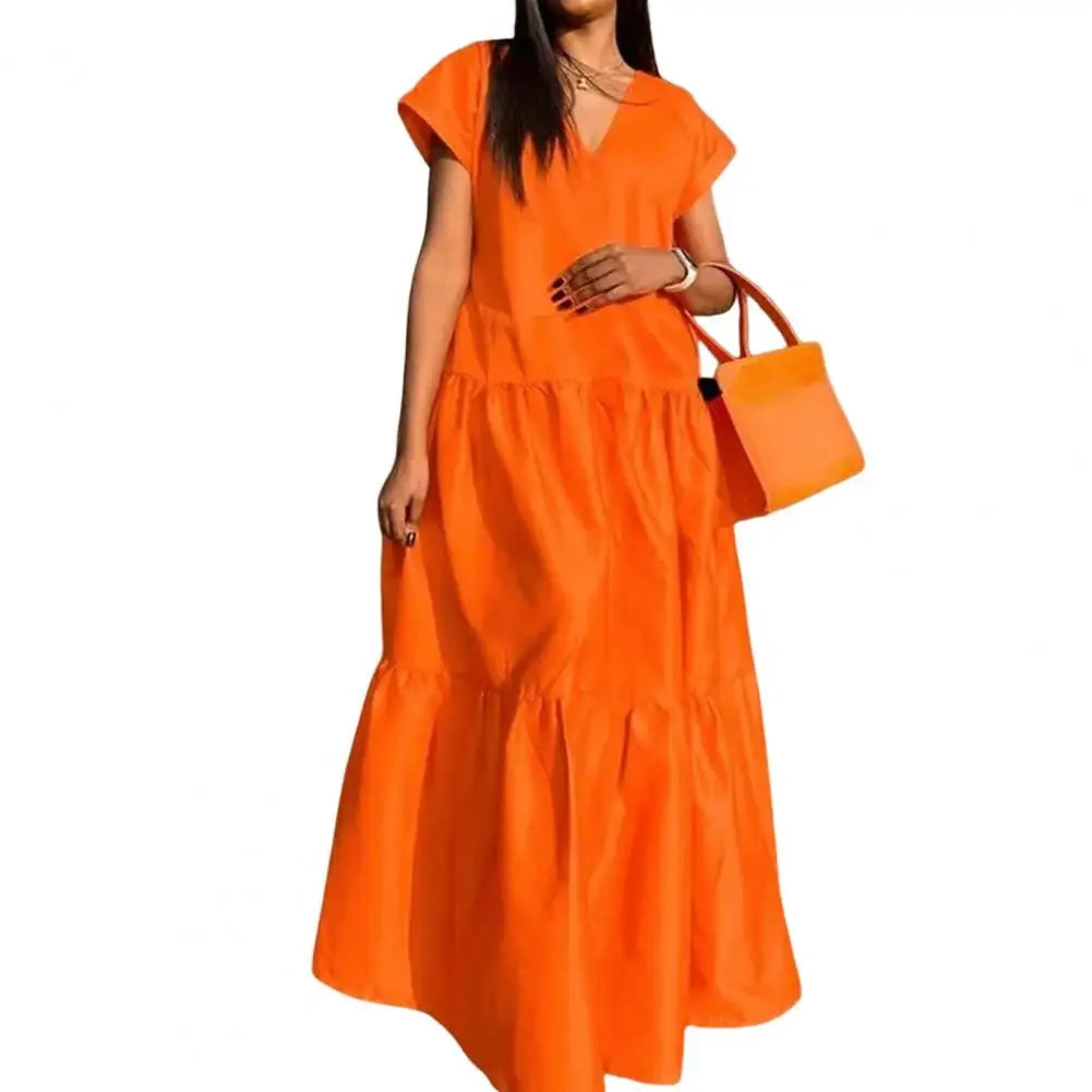 women sundress Loose V-neck Patchwork Short Sleeves Solid Color Beach Dress Summer Women Dress Elegant Large Hem Maxi Dress