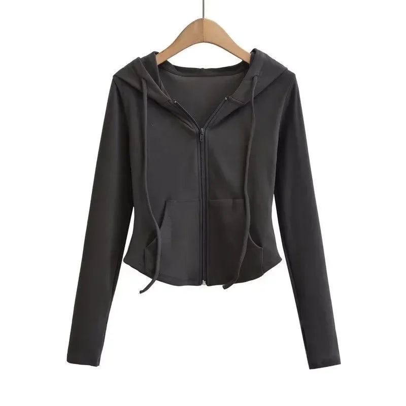 SMVP Streetwear Hooded Pockets Sweatshirt Women Casual Solid Sports Long Sleeve Hoodies Woman Autumn Slim Zipper Cropped Coat