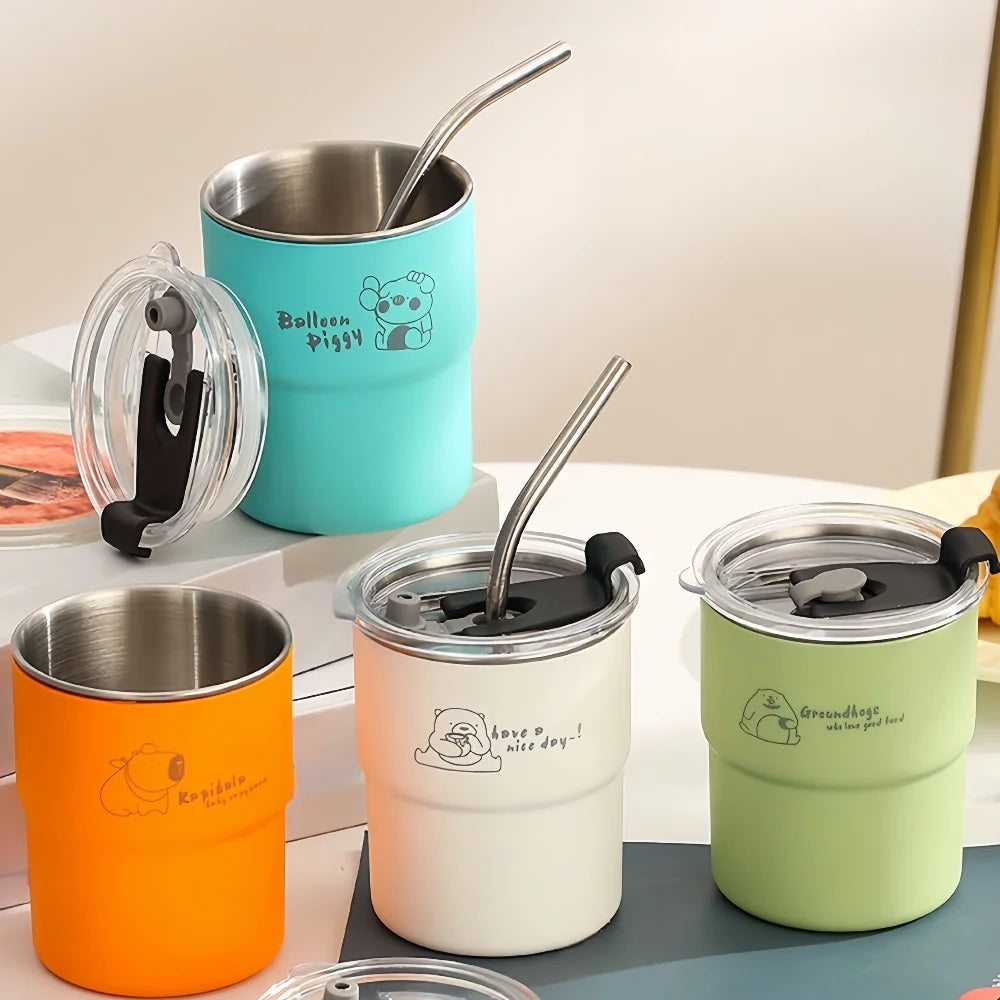 10-Ounce Coffee Cup Set with Straw And Lid Stainless Steel 304 Portable Outdoor Mug Office Removable Inner Cup Home Water Mug