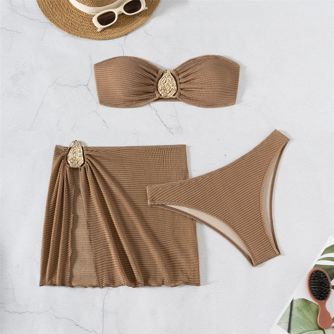 5 Colors With Skirt Bandeau Bikini Female Swimsuit Women Swimwear Three-pieces Bikini set Padded Bather Bathing Suit Swim V6624