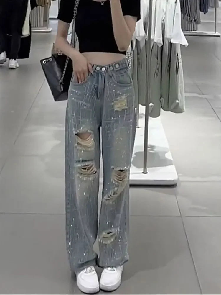 Pantaloni in denim da donna con strass, jeans da donna, gamba dritta, aderenti, larghi, tendenza 2025, economici, grunge, Y2K, pantaloni elasticizzati anni '90