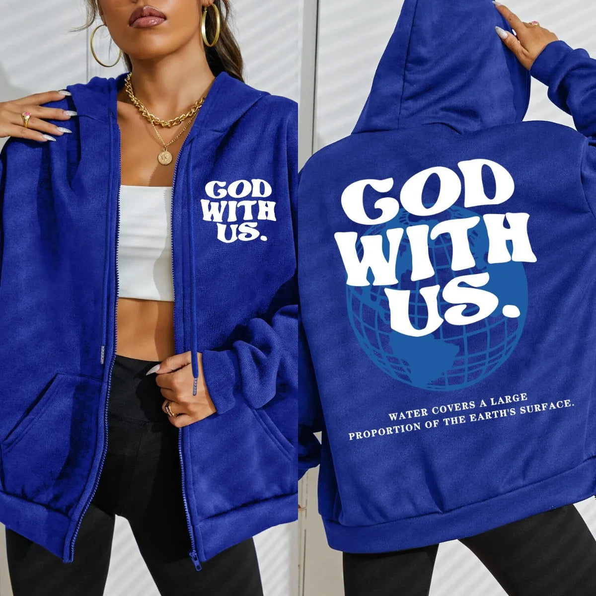 God With Us Water Covers Earth Print Zipper Hoodie Women Street Fleece Hoody Fashion Casual Sportswears Autumn Loose Sportswear